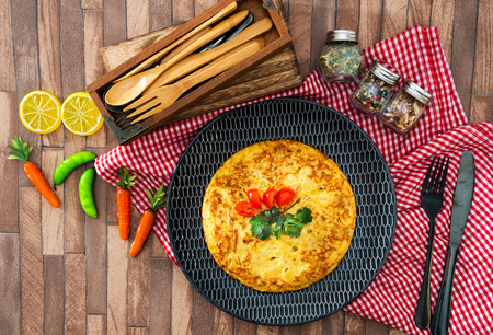 French Omelette with Potatoes, Mushroom and Saladの写真素材
