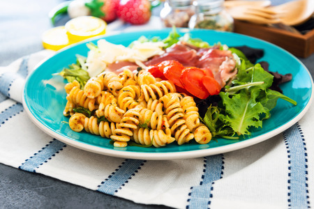 Pasta Torti with Carbonara and smoked baconの写真素材