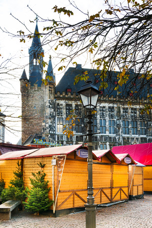 AACHEN, GERMANY - November 19, 2017: Beautiful decorated booths and christmas lights at Christmas Market.のeditorial素材