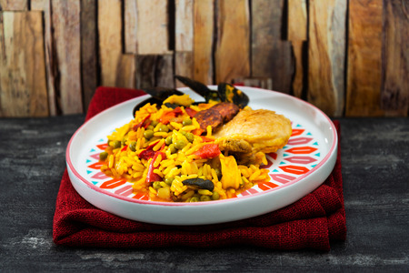 Paella with chicken, seafood and chorizoの写真素材