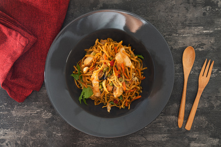 Asian Noodles with Chicken and Black Mushrooms,Corianderの写真素材