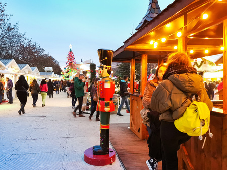 PARIS, FRANCE - DECEMBER 5, 2018: Traditional stalls at the Tuileries Garden Christmas Market in Parisのeditorial素材