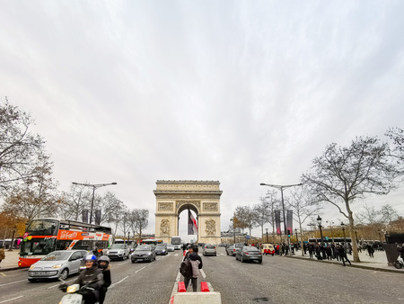 PARIS, FRANCE - DECEMBER 5, 2018 : Arc de triomphe in Paris, one of the most famous monuments, Paris, France.のeditorial素材