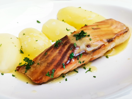 french cuisine grilled salmon and potatoesの写真素材