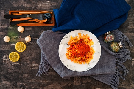 Pasta Bolognese on the tableの写真素材