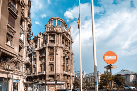 BUCHAREST, ROMANIA - August 28, 2017: antique building view in Old Town Bucharest, Romanianのeditorial素材