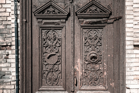 wooden door in Old Town Vilnius city, Lithuaniaの写真素材