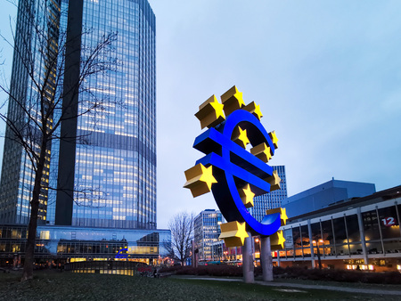 Frankfurt, Germany - January 22, 2019: Euro Sign. European Central Bank (ECB) is the central bank for the euro and administers the monetary policy of the Eurozone in Frankfurt, Germany.