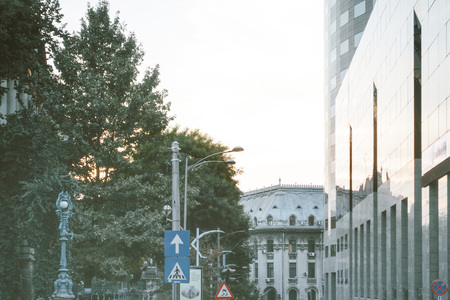 BUCHAREST, ROMANIA - August 28, 2017: street view of downtown in Bucharest, Romanianのeditorial素材