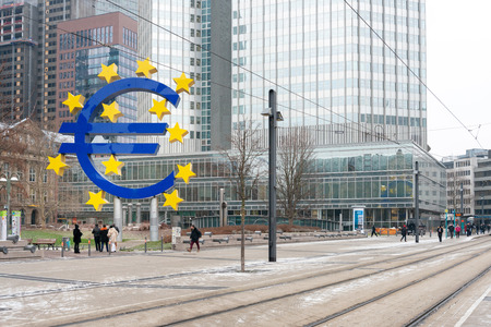Frankfurt, Germany - January 22, 2019: Euro Sign. European Central Bank (ECB) is the central bank for the euro and administers the monetary policy of the Eurozone in Frankfurt, Germany.のeditorial素材