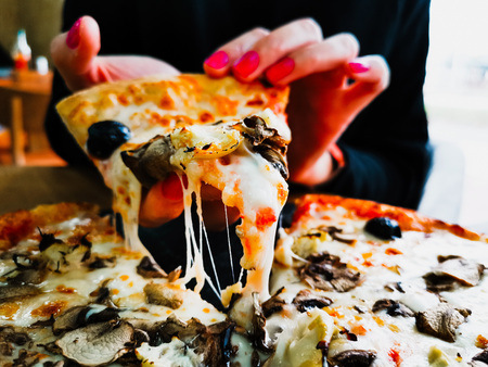 Pizza with Ham and Mushroomsの写真素材