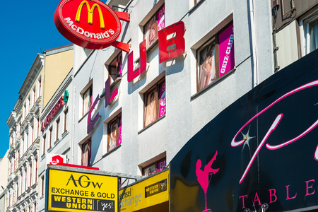 HAMBURG, GERMANY - JULY 24, 2018 : red-light district brothels and strip clubs at the Reeperbahn in...