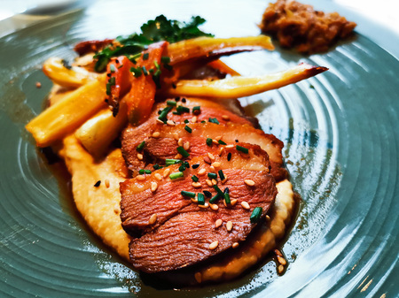 Tasty duck's tataki with smashed potatoes in blue ceramic plate for a gourmet lunch