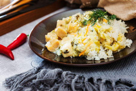 Scallops of leeks Basmati riceの写真素材