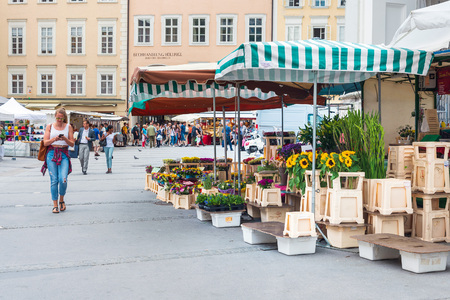 SALZBURG, AUSTRIA - June 16, 2018: Street view of downtown in Salzburg, Austriaのeditorial素材