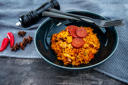 Paella with chicken, seafood and chorizoの写真素材