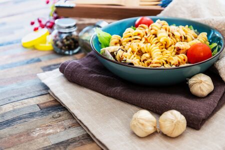 fusilli roast chicken and Italian cheese with basil and parmesan sauceの写真素材