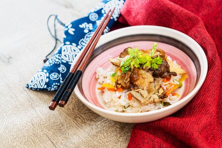 Asian style caramel pork with rice and vegetableの写真素材