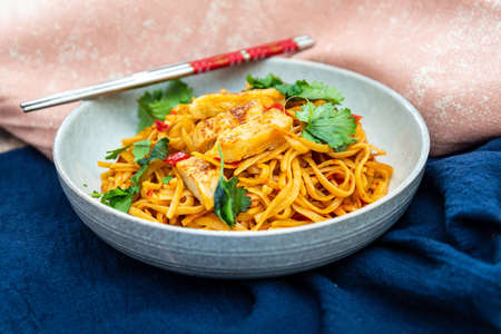 Vegetable noodles with chicken meat preparationの写真素材