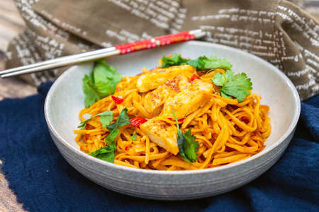 Vegetable noodles with chicken meat preparationの写真素材