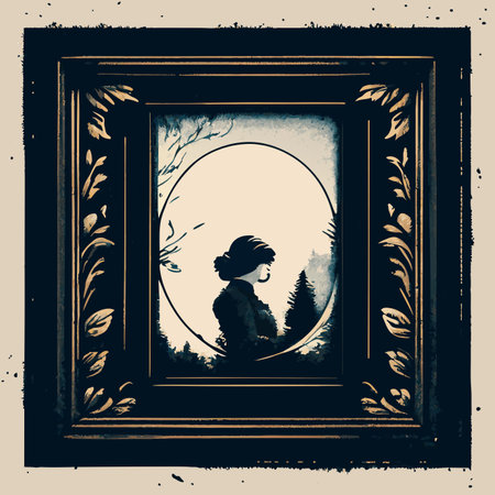 Silhouette of a girl in a frame with a landscape.の素材