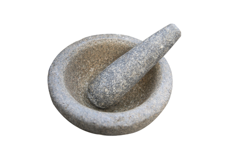 Black granite mortar and pestle on white backgroundの写真素材