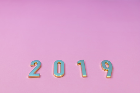 Flat lay of words 2019 on pink pastel background. Top view.
