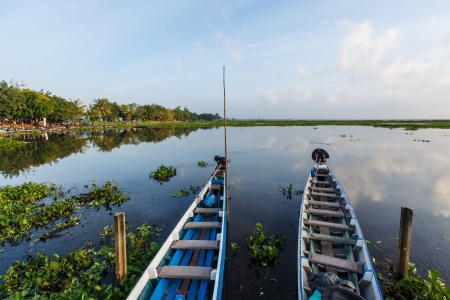 boat on lagoon at Thalaynoi, Phathalung Province, South of Thailandの写真素材