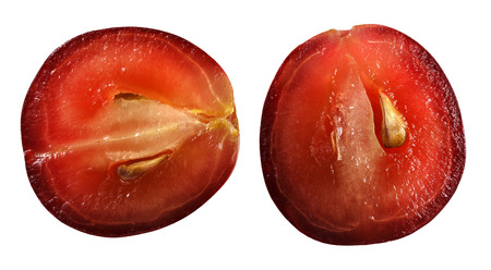 Translucent slice of red grape fruit, macro isolated on whiteの写真素材