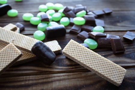 the chocolate candy wafer and measuring tapeの写真素材
