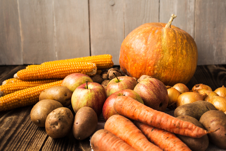 the onions potatoes pumpkin corn nuts apples autumn conceptの写真素材
