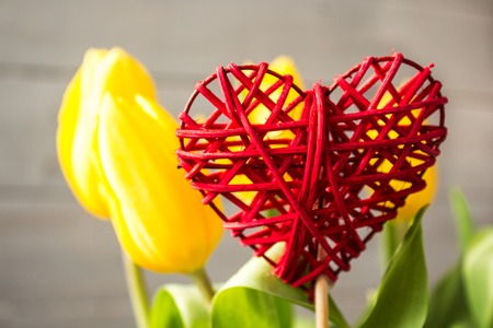 yellow tulips and handmade red heart on wooden backgroundの写真素材