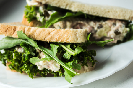 the tuna pickles sandwich with salad on white plateの写真素材
