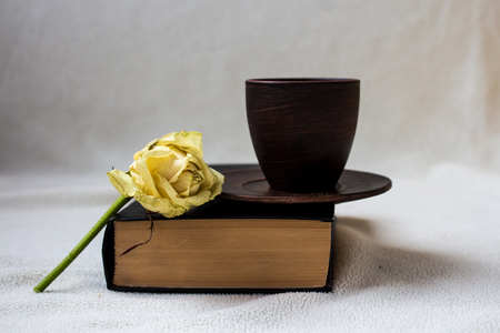 a cup on the book with rose on white backgroundの写真素材