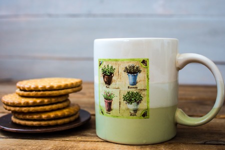 a cookies and tea on wooden backgroundの写真素材