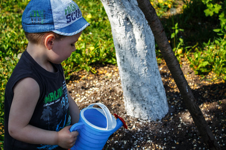 boy and watering can play outdoorの写真素材