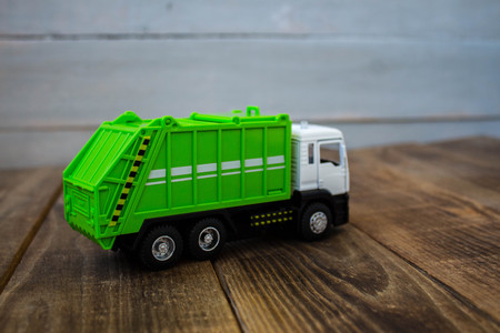 childrens toy green garbage truckの写真素材