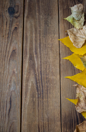 background autumn yellow leaves on wooden backgroundの写真素材