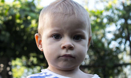 portrait of a beautiful child against the background of treesの写真素材
