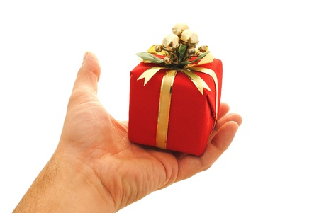 man hand holding a small gift boxの写真素材