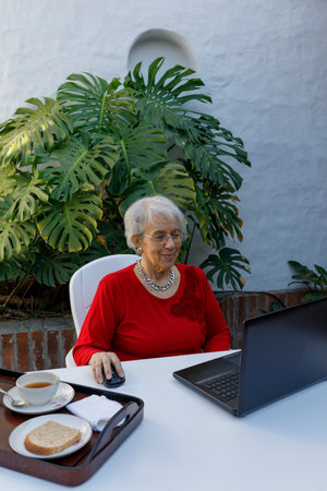 Mature gray-haired adult, taking classes with laptop in the courtyard of the house. Outside, daytime. Elderly businesswoman. Lifestyle of modern elderly people.の写真素材