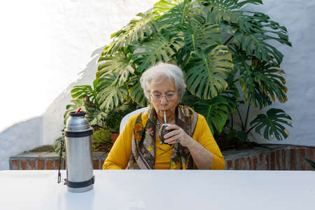 A Elegant elderly lady, reading a book in the courtyard of her house, while having breakfast. Concept of wellness, prevention of Alzheimer's and other neurodegenerative diseases.の写真素材