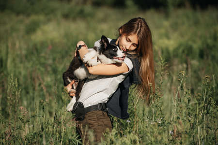 Girl holding on her hands black and white border collie dog puppy in the forestの写真素材