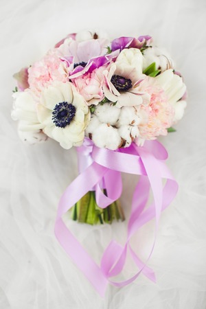 Wedding Bouquet with Delicate Peonies and Dahliasの写真素材