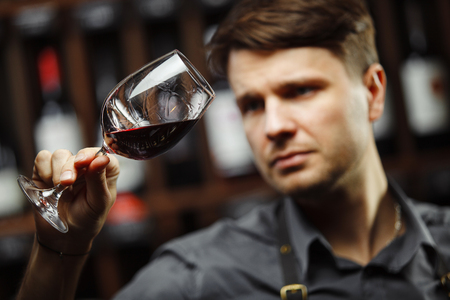 Bokal of red wine on background, male sommelier appreciating drinkの写真素材