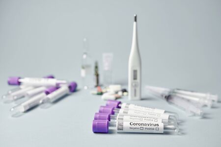 Sample medical tubes for analysis of coronavirus, laboratory research to create vaccine against a...
