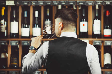 Male sommelier tasting red wine at cellar. Professional expert appreciates quality of alcoholic beverage, degustation processの写真素材