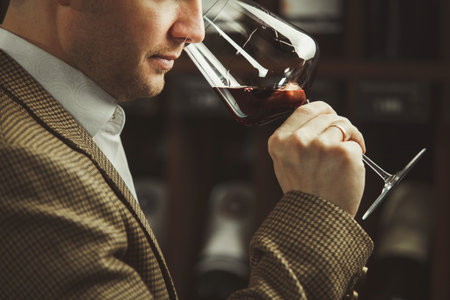 Close-up shot of young sommelier smell red wine on wine cellar background.の写真素材