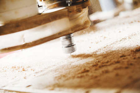 Cnc machine working, cutting wood. Woodwork industry.の写真素材