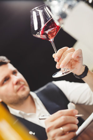 Skilled male sommelier looks carefully at drink in stem glass.の写真素材